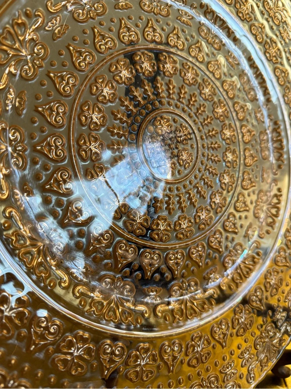 Made in turkey, glass, rose, gold charger, platter, decorative plate